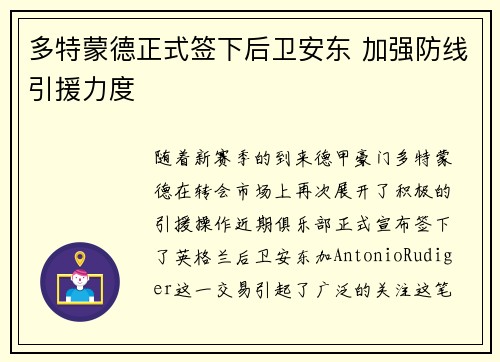 多特蒙德正式签下后卫安东 加强防线引援力度